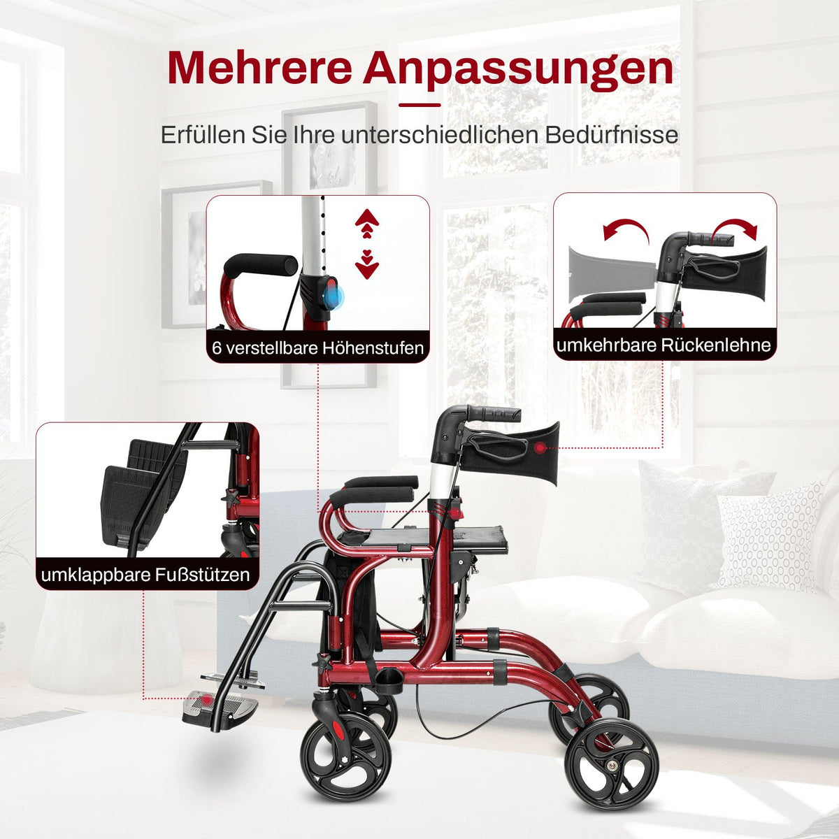 2-in-1 Rollator Walker & Transport Chair, Foldable, Red