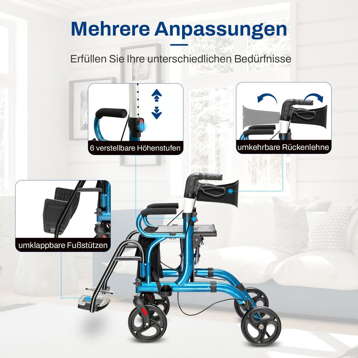 2-in-1 Rollator Walker with Seat, Foldable, Blue