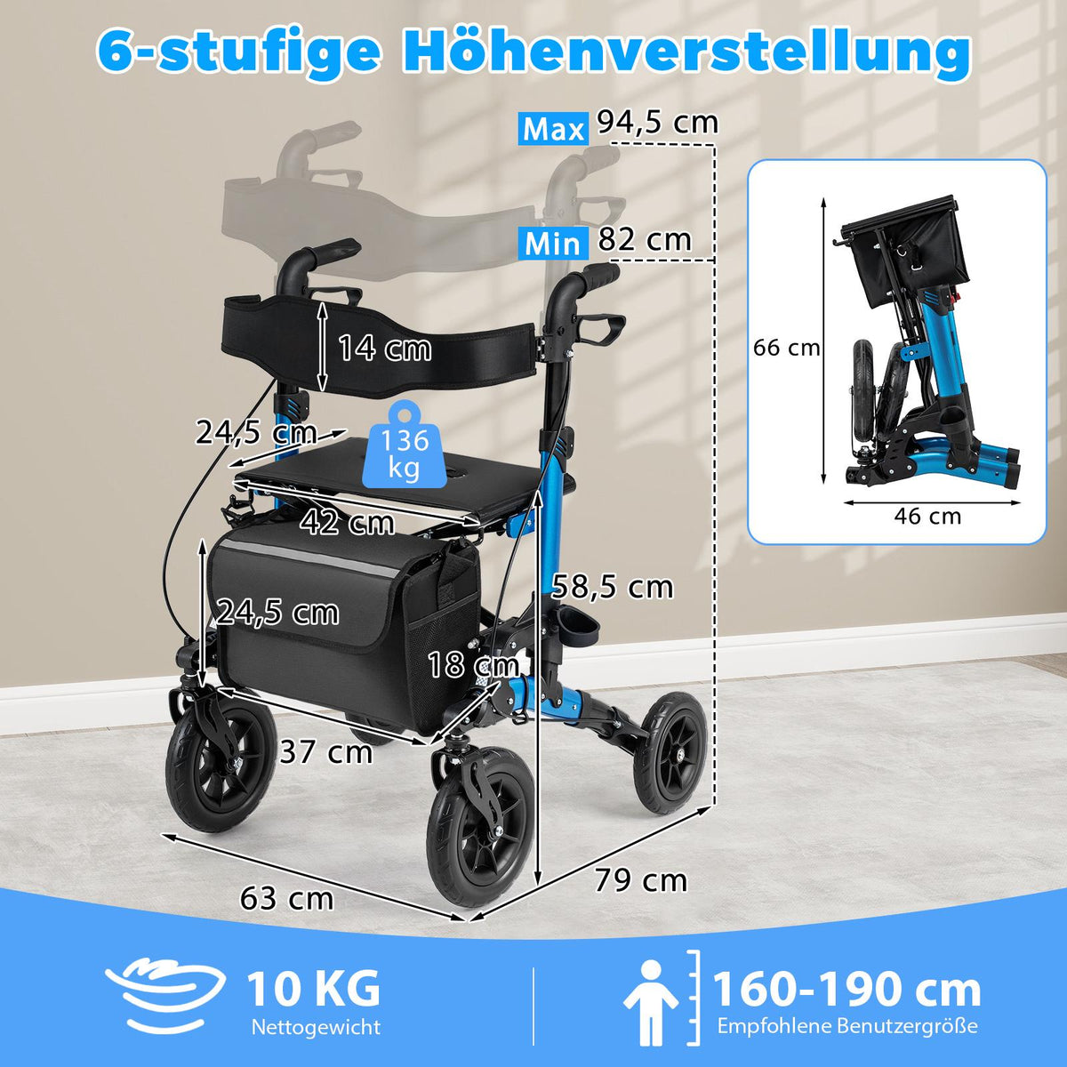 2-in-1 Rollator & Wheelchair, Folding, Supports 136 kg