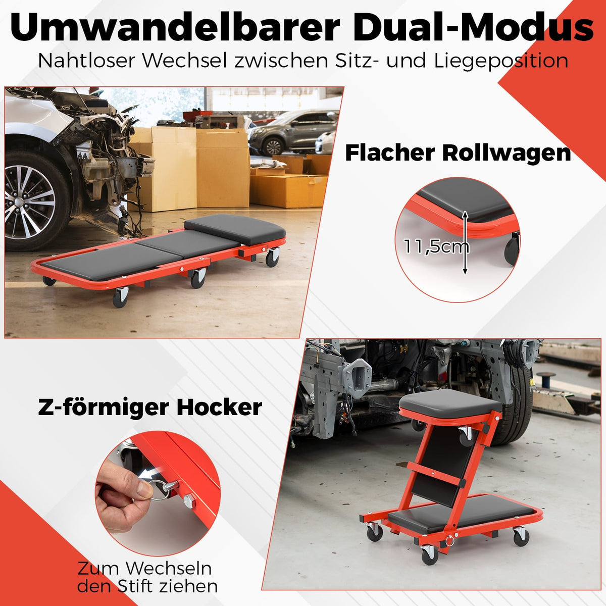 2-in-1 Workshop Creeper Seat, 6 Wheels, 160kg Capacity