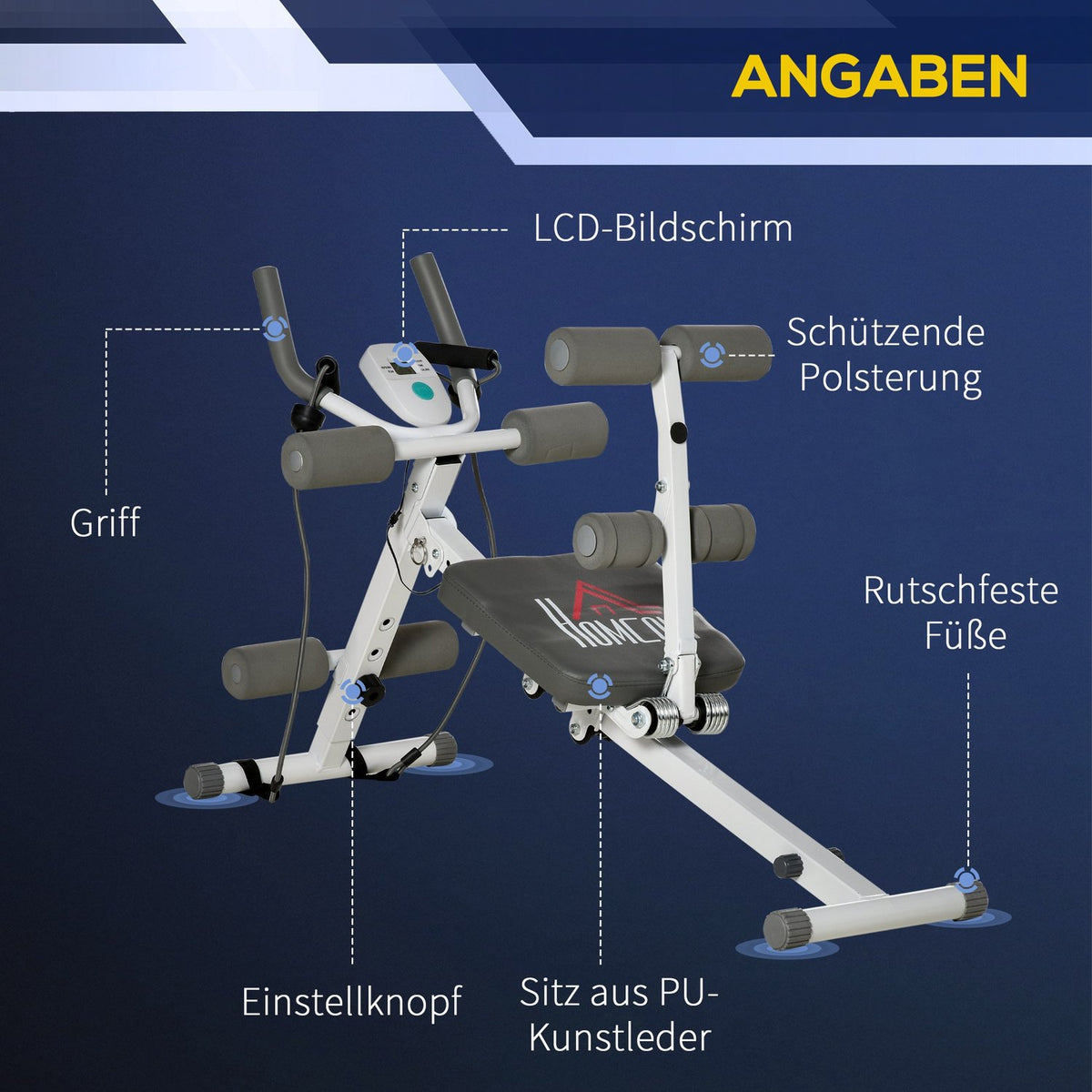 2-in-1 abdominal trainer, abdominal muscle trainer with adjustable abdominal muscle bench, height-adjustable trainer with LCD display, for muscle building, fitness, load capacity up to 100 kg, steel, white + gray