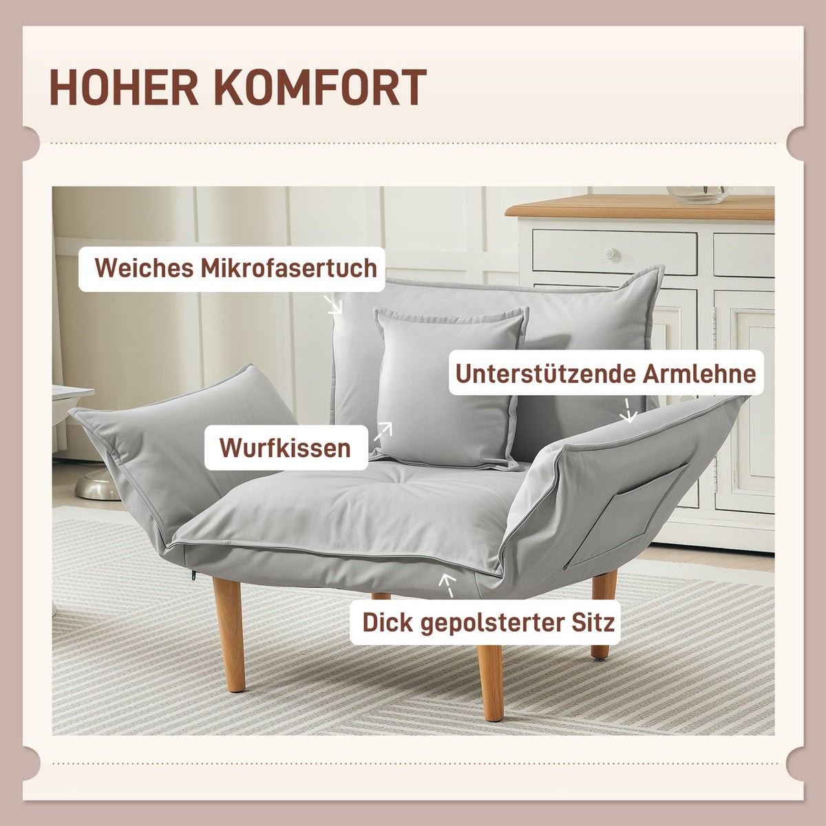 2-in-1 armchair, lounge chair with cushion, floor chair with adjustable backrest, padded upholstered armchair, single armchair for living room, microfibre cloth, light gray
