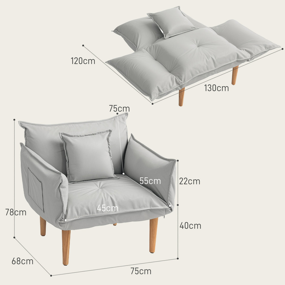 2-in-1 armchair, lounge chair with cushion, floor chair with adjustable backrest, padded upholstered armchair, single armchair for living room, microfibre cloth, light gray