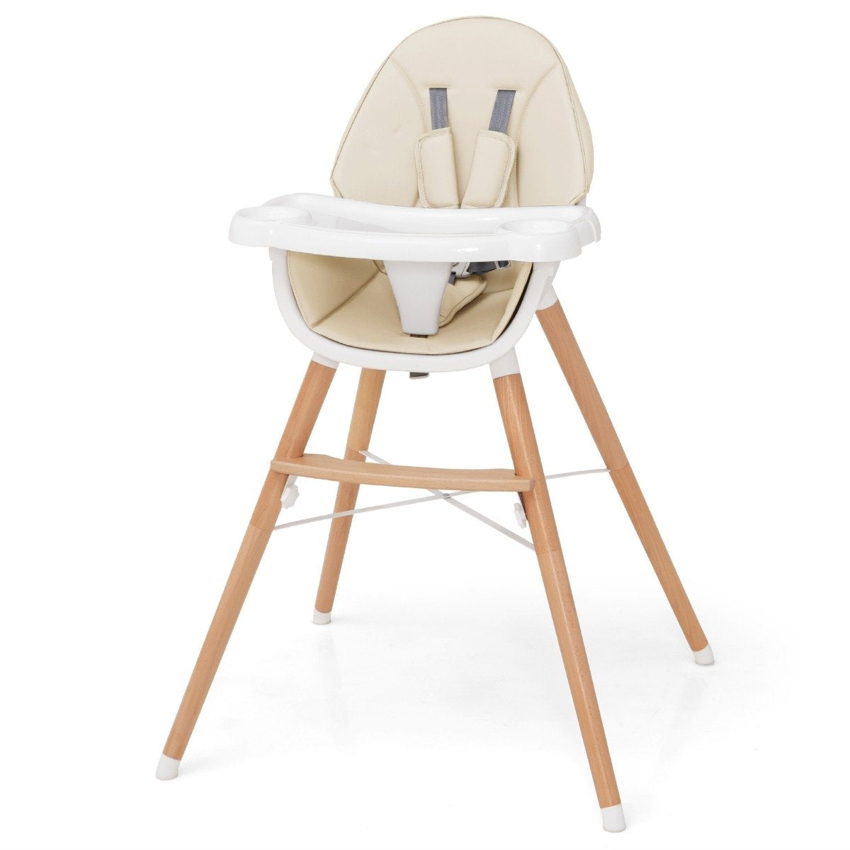 2 in 1 baby high chair made of beech wood with 5-point safety belt & double tray beige