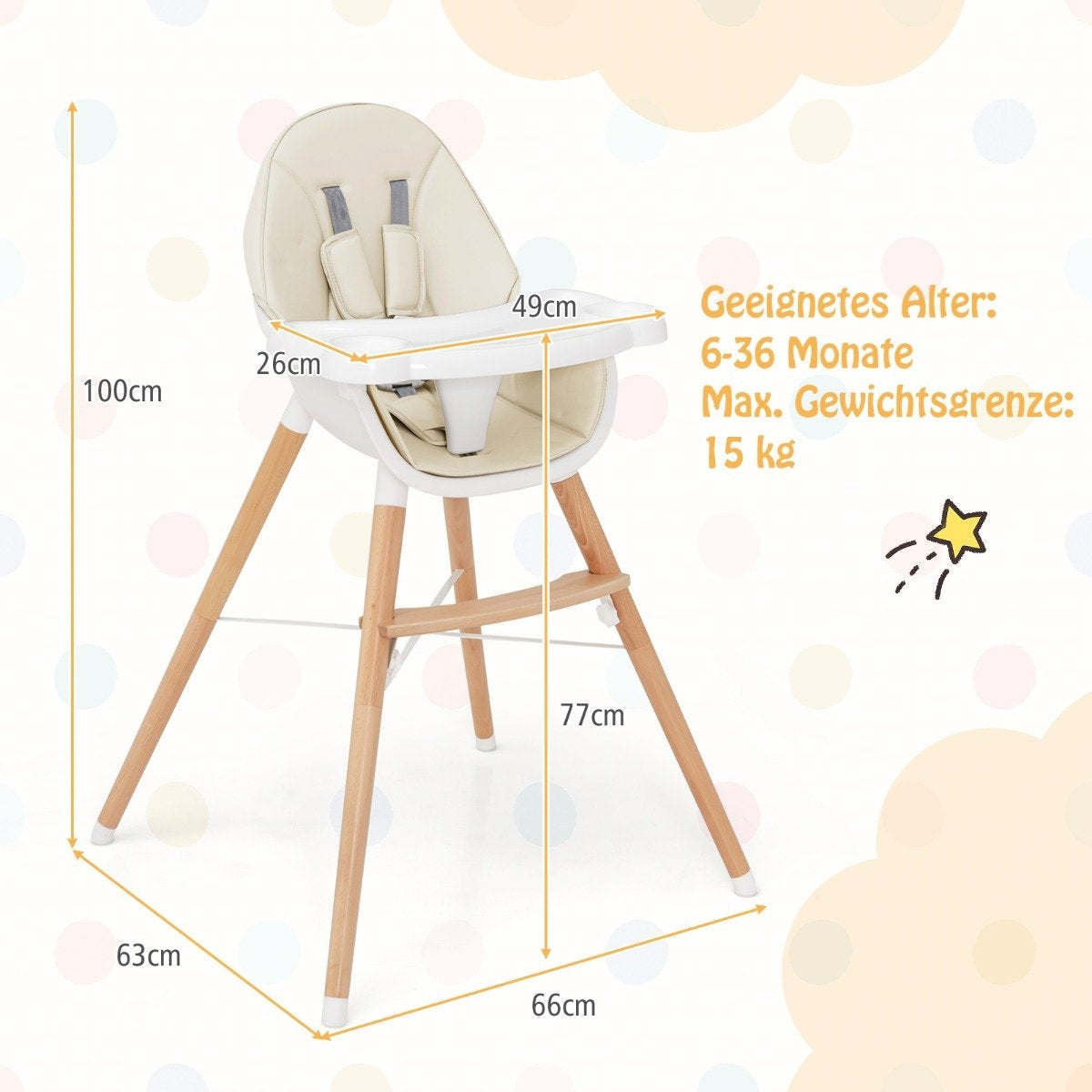 2 in 1 baby high chair made of beech wood with 5-point safety belt & double tray beige