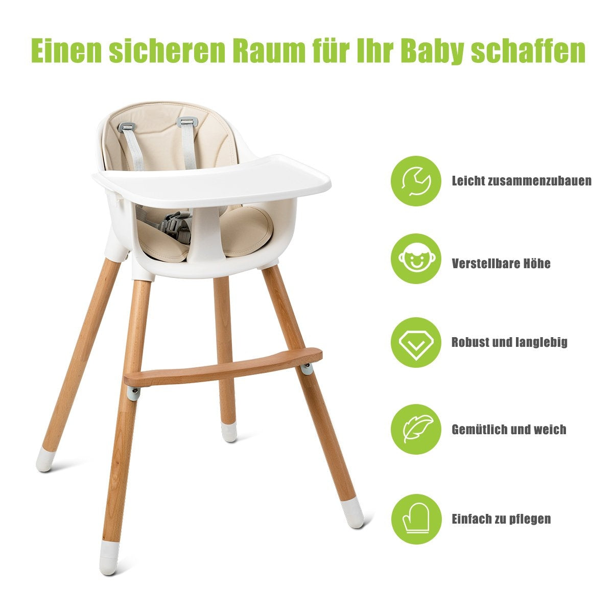 2-in-1 baby high chair made of wood, adjustable 57 x 57 x 83 cm cream white + natural