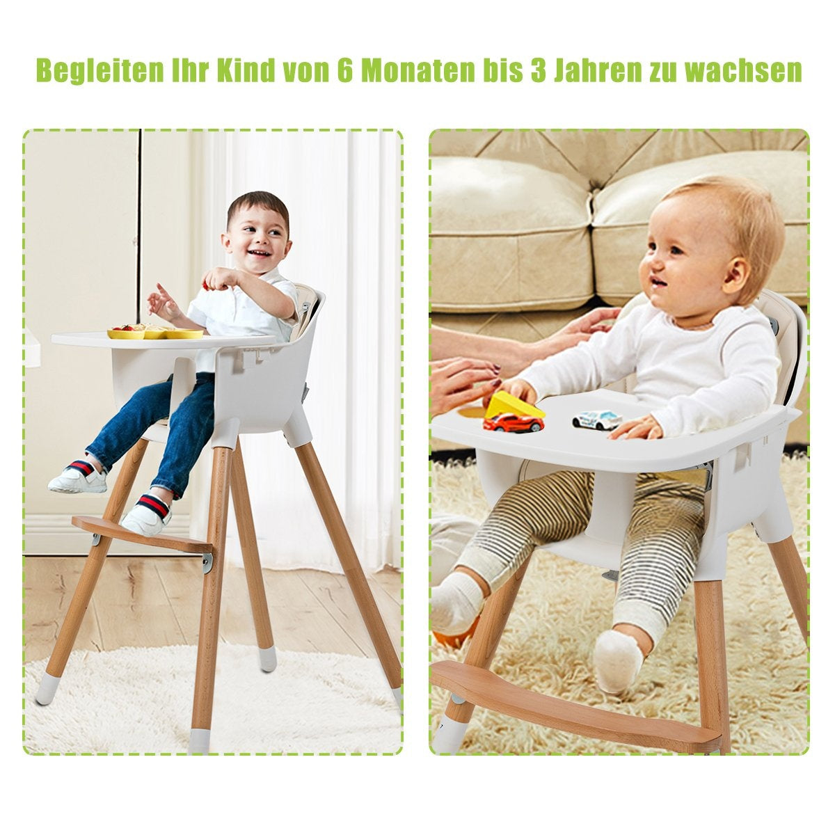 2-in-1 baby high chair made of wood, adjustable 57 x 57 x 83 cm cream white + natural