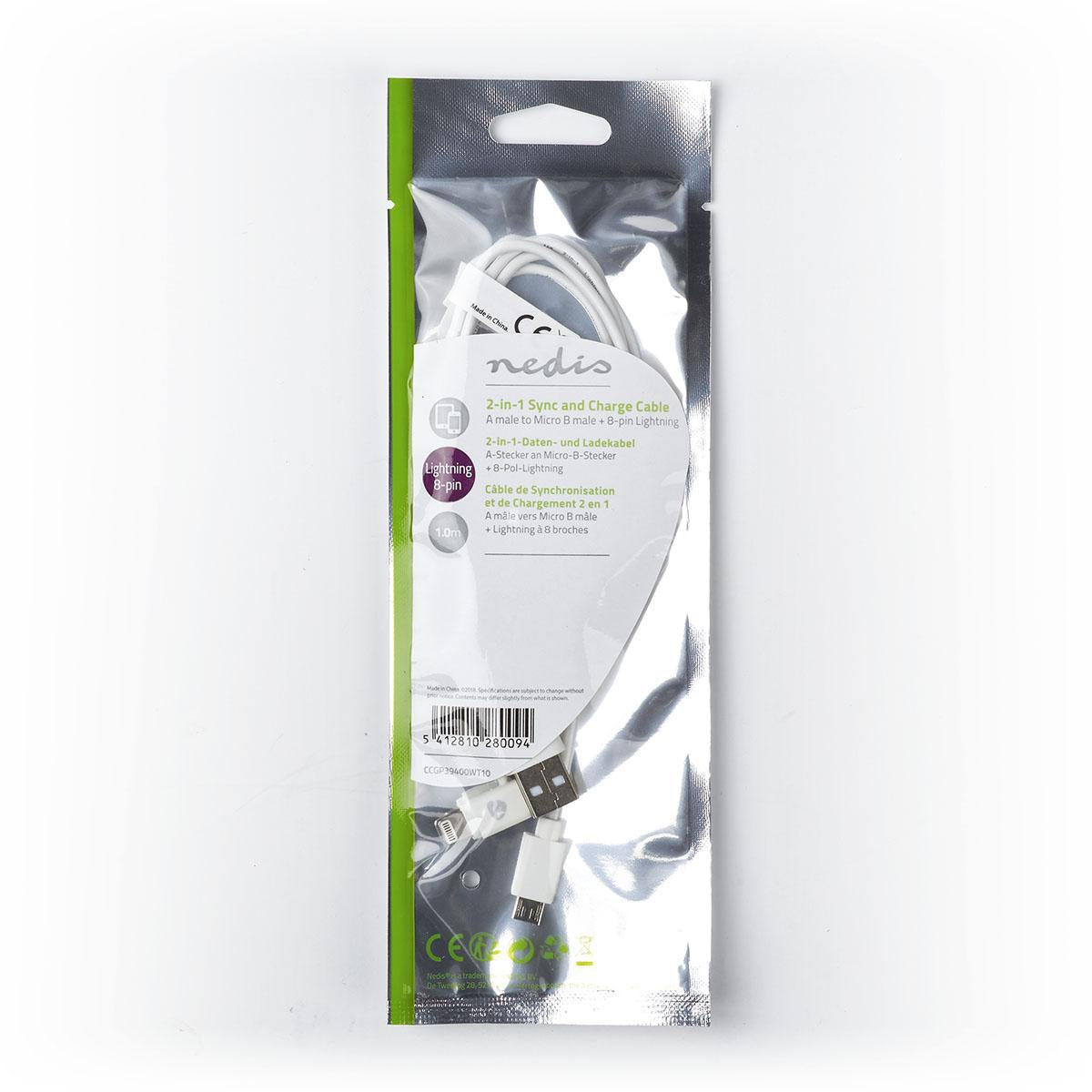 2 in 1 cable | USB 2.0 | USB-A Male | Apple Lightning, 8-pin / USB Micro-B Male | 480 Mbps | 1.00 m | Nickel Plated | Round | PVC | White | Plastic bag
