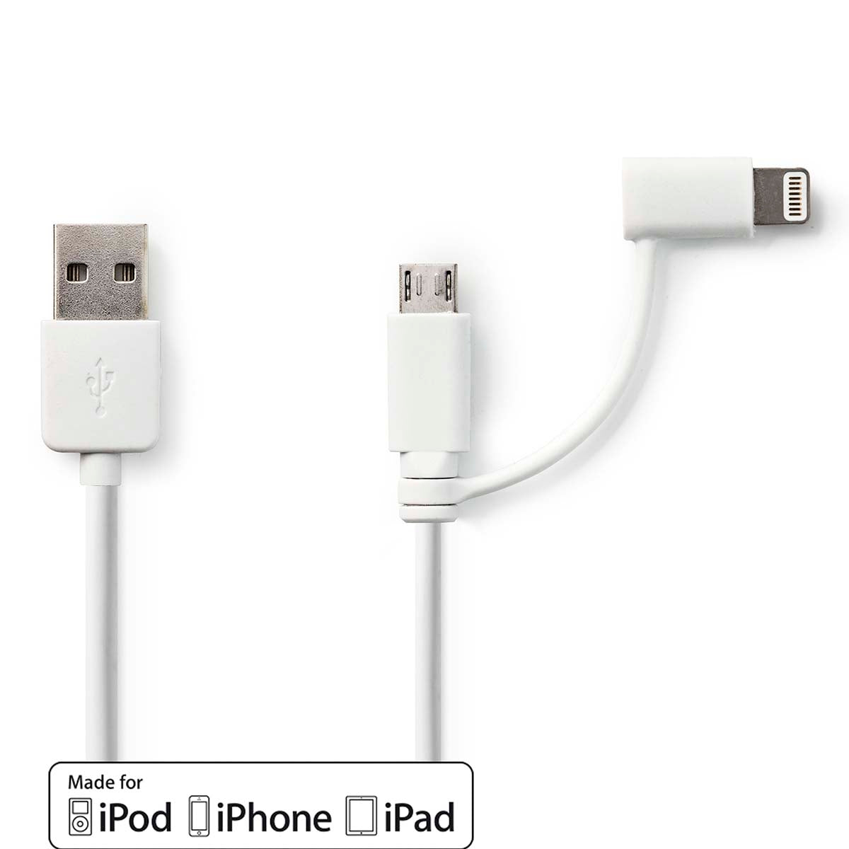 2 in 1 cable | USB 2.0 | USB-A Male | Apple Lightning, 8-pin / USB Micro-B Male | 480 Mbps | 1.00 m | Nickel Plated | Round | PVC | White | Plastic bag