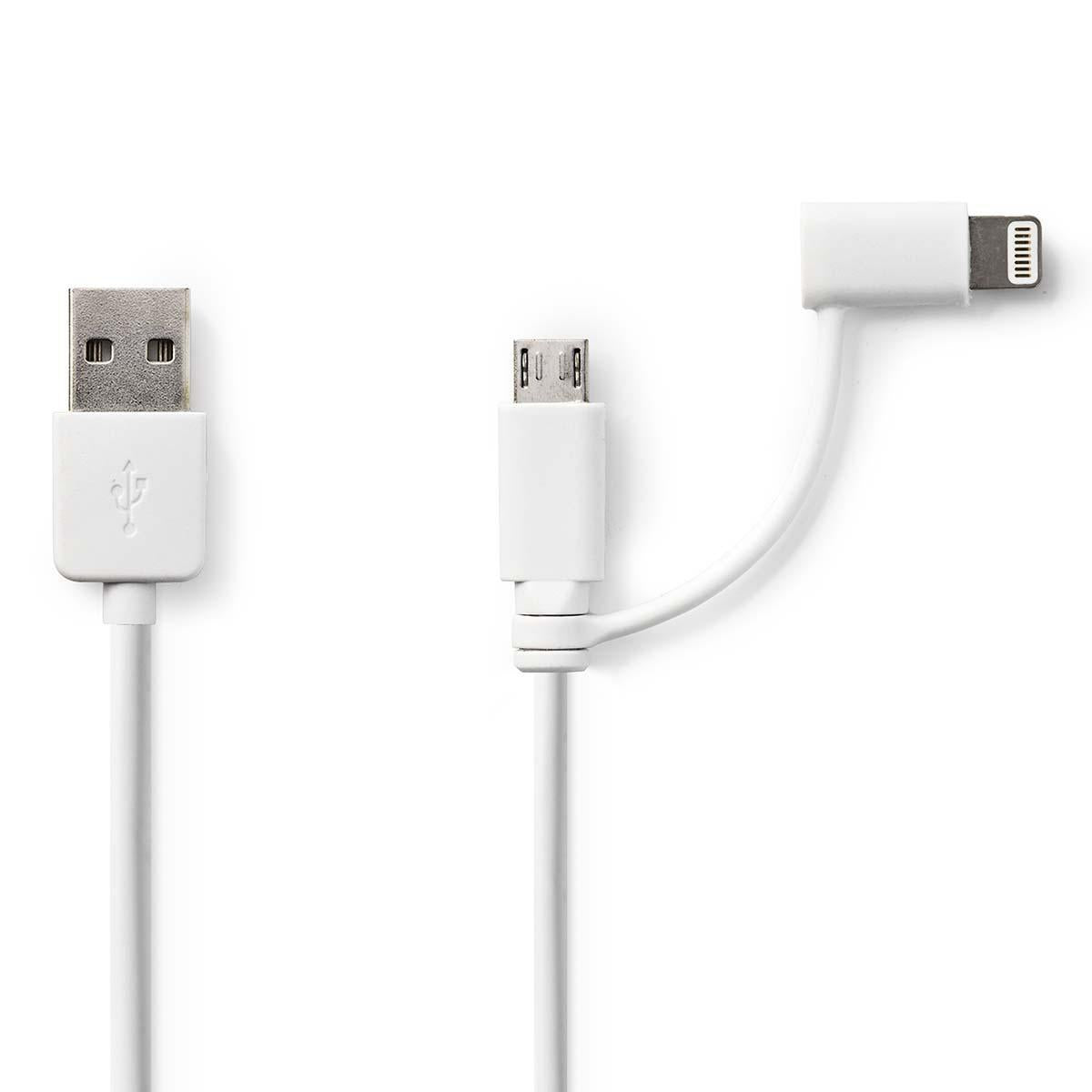 2 in 1 cable | USB 2.0 | USB-A Male | Apple Lightning, 8-pin / USB Micro-B Male | 480 Mbps | 1.00 m | Nickel Plated | Round | PVC | White | Plastic bag