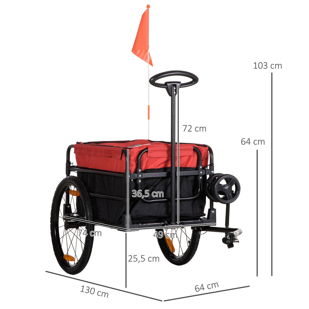 2-in-1 cargo trailer, load 40kg, with coupling, storage bag, cover, reflectors, Oxford, 130 x 64 x 103 cm, red