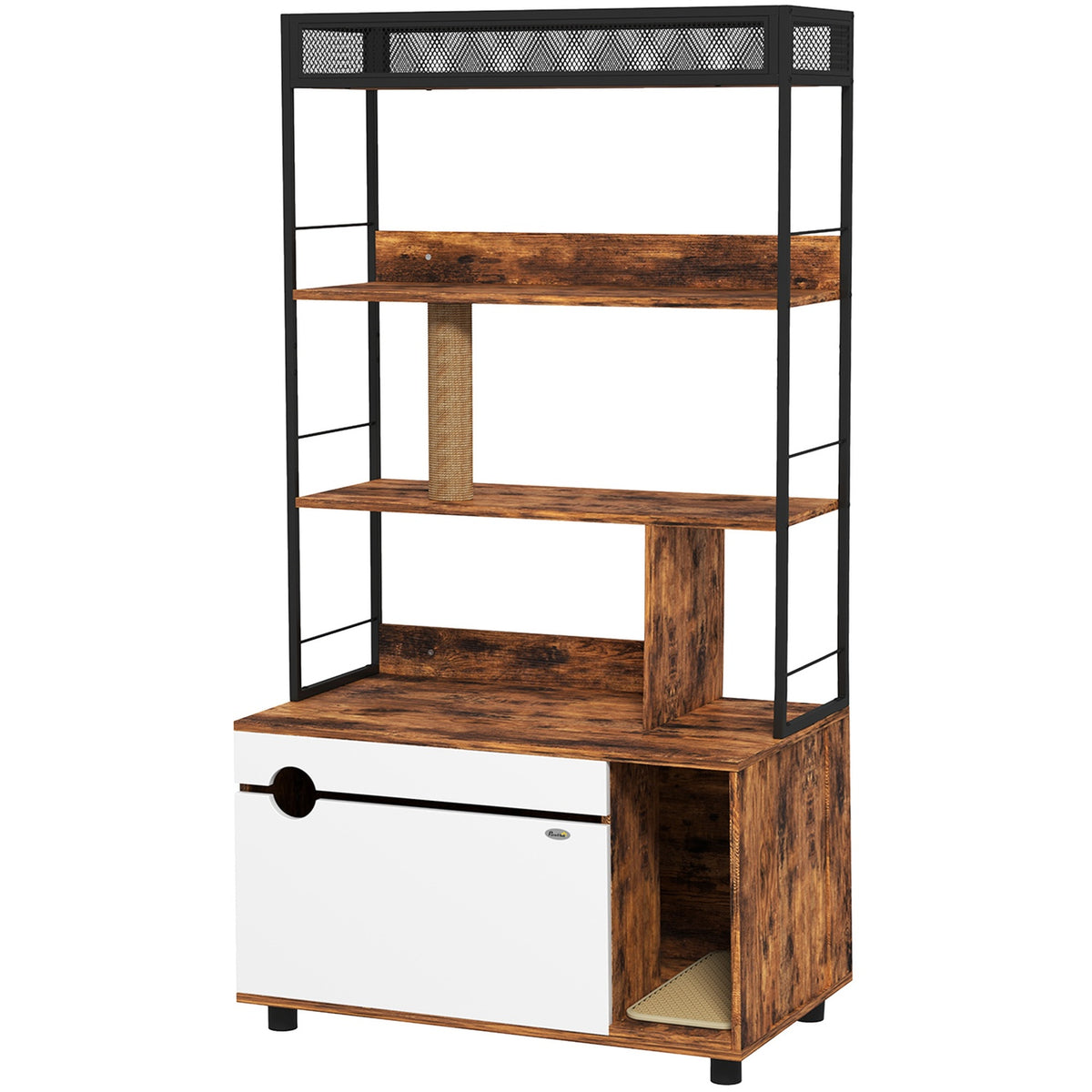 2-in-1 cat litter box cabinet, cat litter box with 3-tier shelf, scratching post, folding door, cat house for cats under 6 kg, 80 x 48 x 152 cm, rustic brown