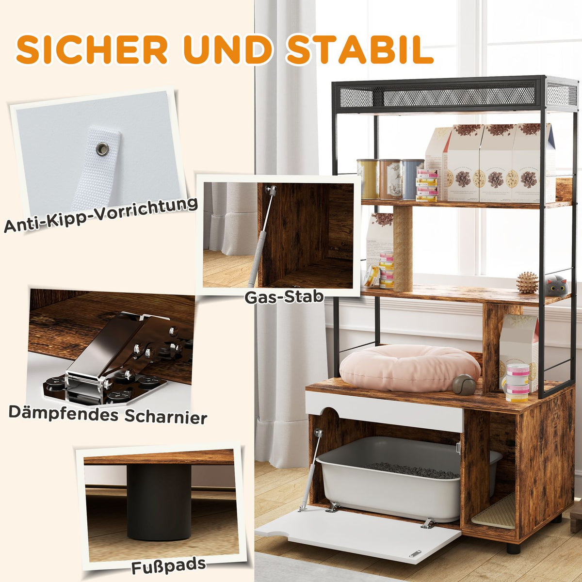 2-in-1 cat litter box cabinet, cat litter box with 3-tier shelf, scratching post, folding door, cat house for cats under 6 kg, 80 x 48 x 152 cm, rustic brown