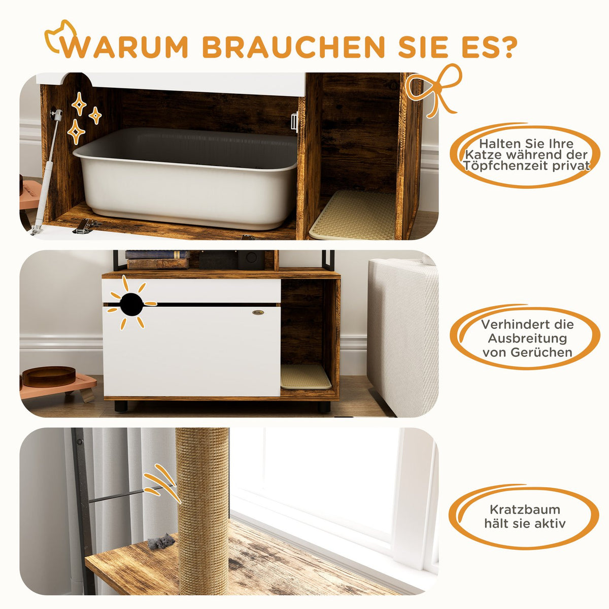 2-in-1 cat litter box cabinet, cat litter box with 3-tier shelf, scratching post, folding door, cat house for cats under 6 kg, 80 x 48 x 152 cm, rustic brown