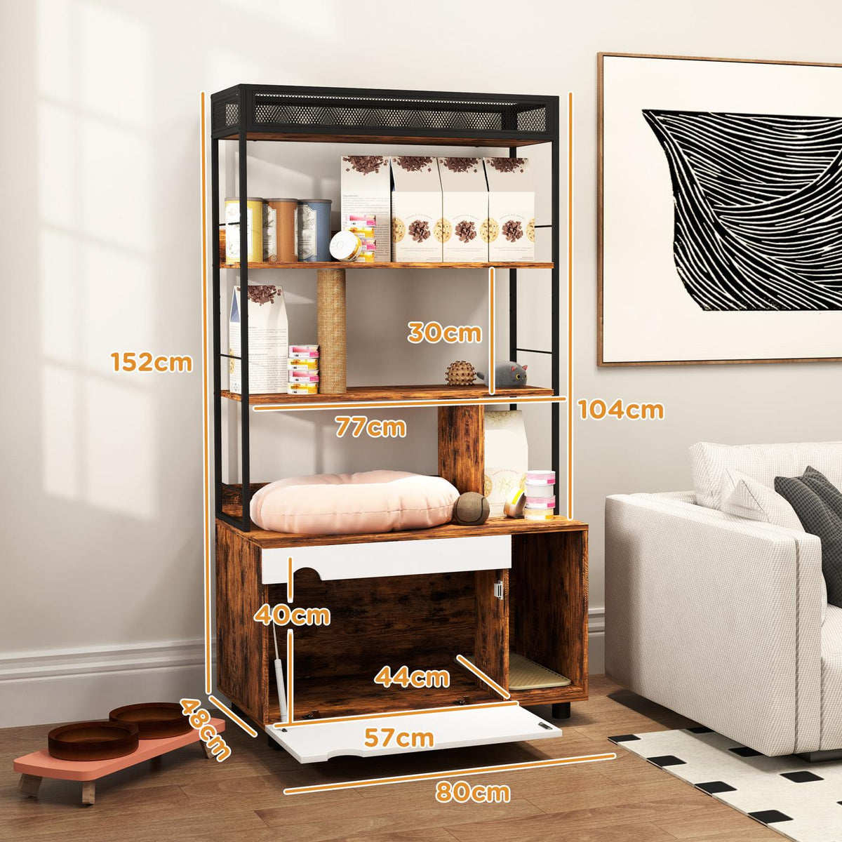 2-in-1 cat litter box cabinet, cat litter box with 3-tier shelf, scratching post, folding door, cat house for cats under 6 kg, 80 x 48 x 152 cm, rustic brown