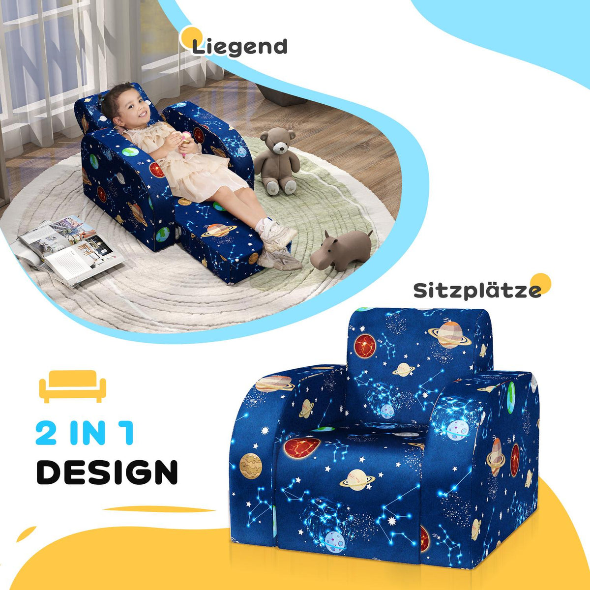 2 in 1 children's armchair, folding children's sofa with reclining function, planetary pattern, padded children's chair for 1.5-3 years, children's room