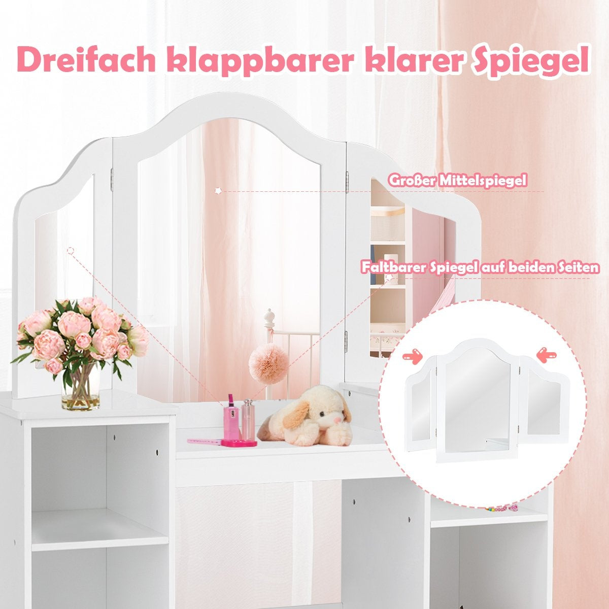 2 in 1 children's dressing table desk with mirror 107 × 40 × 117 cm white
