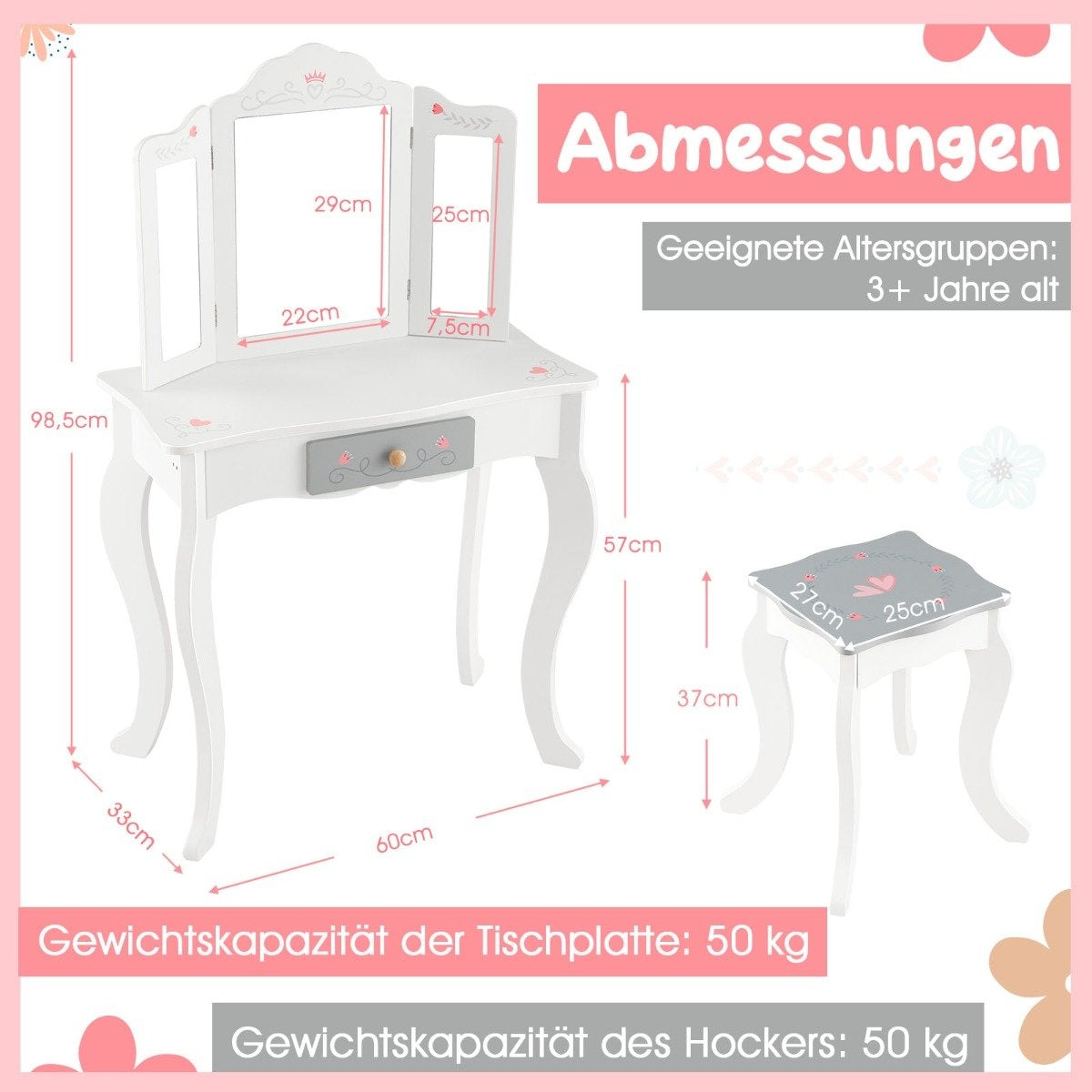 2 in 1 children's dressing table + stool with folding mirror & drawer & accessories