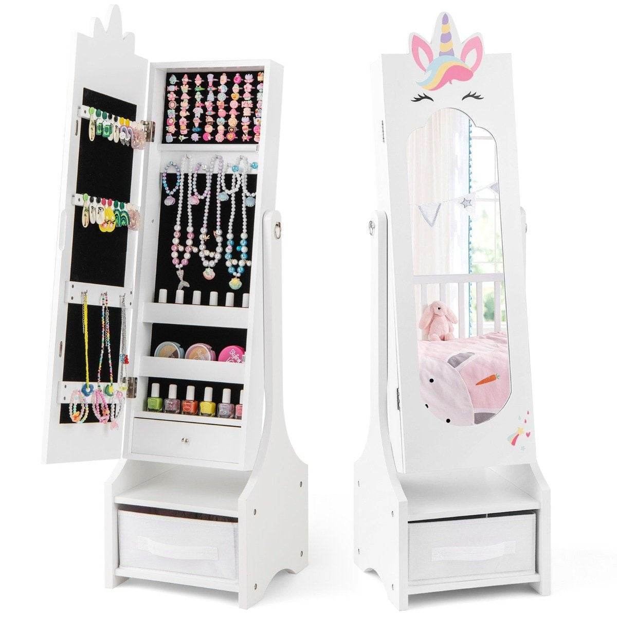 2 in 1 children's jewelry cabinet with full-length mirror & Drawer mirror cabinet makeup mirror white