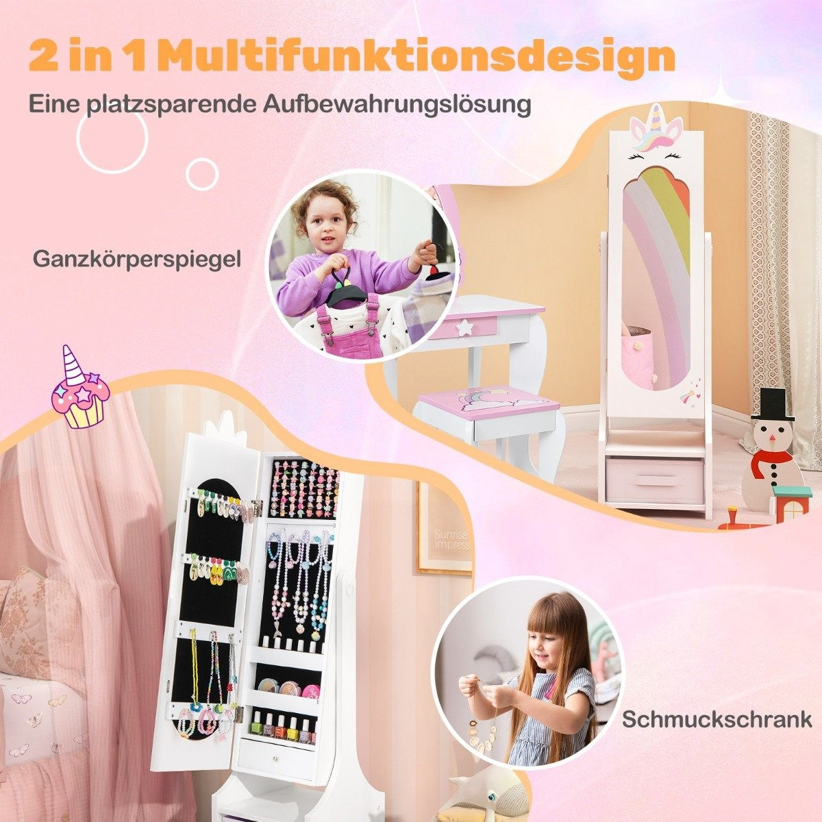 2 in 1 children's jewelry cabinet with full-length mirror & Drawer mirror cabinet makeup mirror white