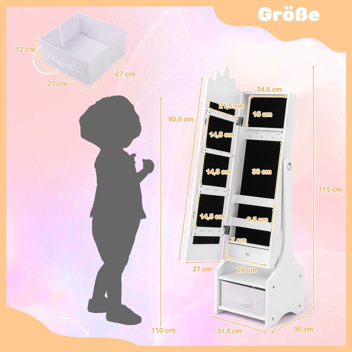 2 in 1 children's jewelry cabinet with full-length mirror & Drawer mirror cabinet makeup mirror white