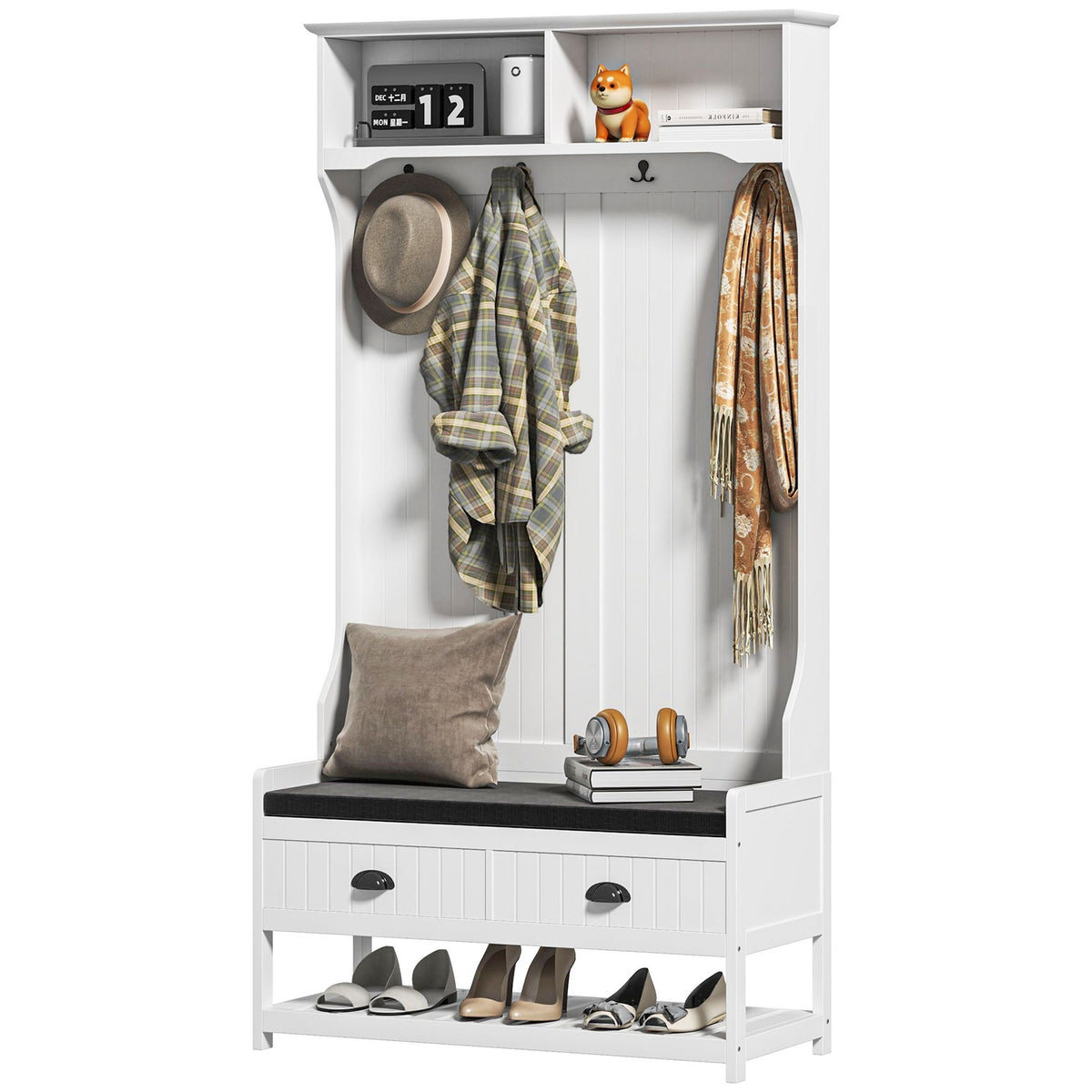2-in-1 coat rack, clothes rack with 4 hooks, coat rack with shoe bench and shelves, jacket rack with tip protection, for entrance area, hallway, bedroom, white + gray