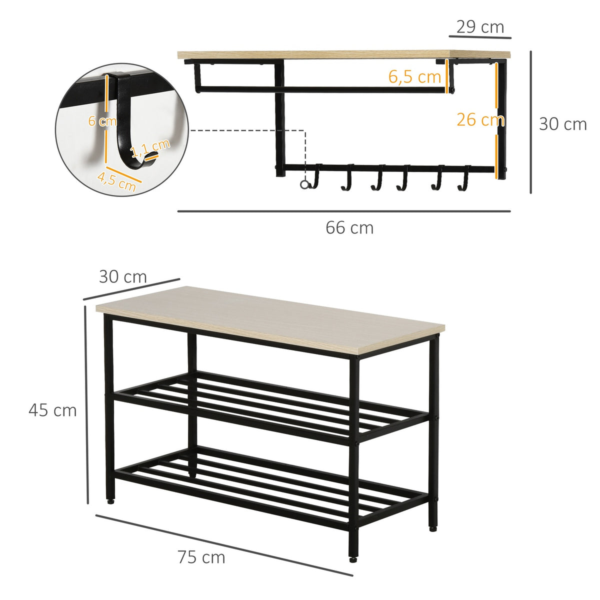 2-in-1 coat rack set, hallway coat rack with bench, wall coat rack for entrance area, 6 hooks, natural + black, 75 x 30 x 45 cm (bench seat)