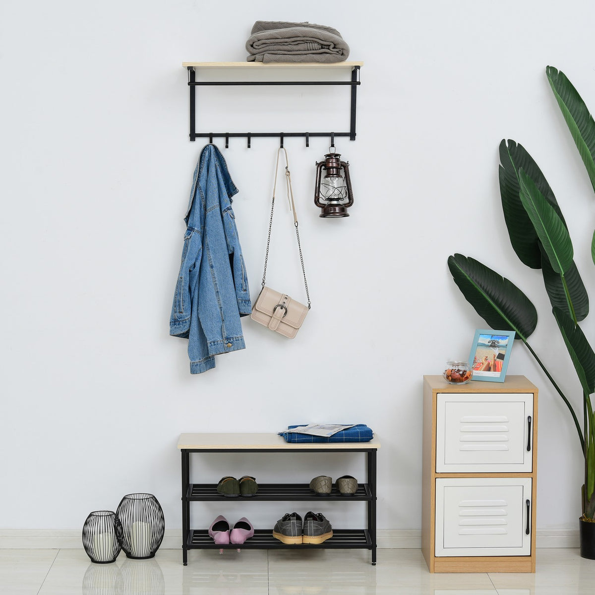 2-in-1 coat rack set, hallway coat rack with bench, wall coat rack for entrance area, 6 hooks, natural + black, 75 x 30 x 45 cm (bench seat)