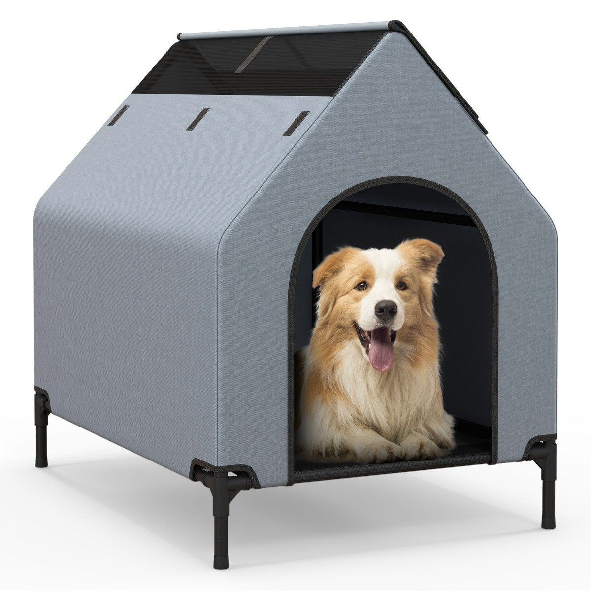 2 in 1 dog house & Raised Dog Bed Dog Lounger Outdoor Pet House with Breathable Mesh Gray 64 x 91 x 86 cm