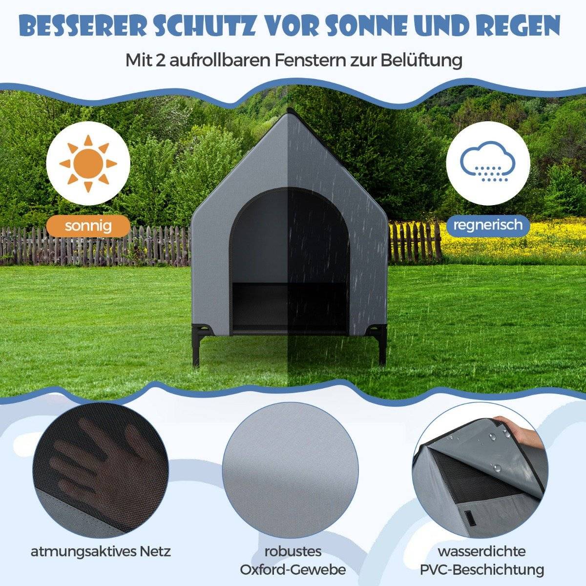 2 in 1 dog house & Raised Dog Bed Dog Lounger Outdoor Pet House with Breathable Mesh Gray 64 x 91 x 86 cm