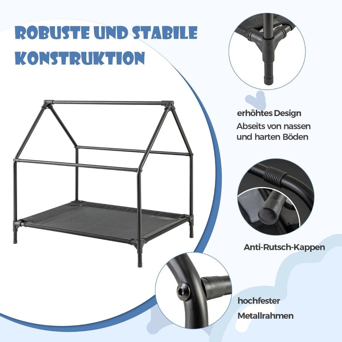 2 in 1 dog house & Raised Dog Bed Dog Lounger Outdoor Pet House with Breathable Mesh Gray 64 x 91 x 86 cm