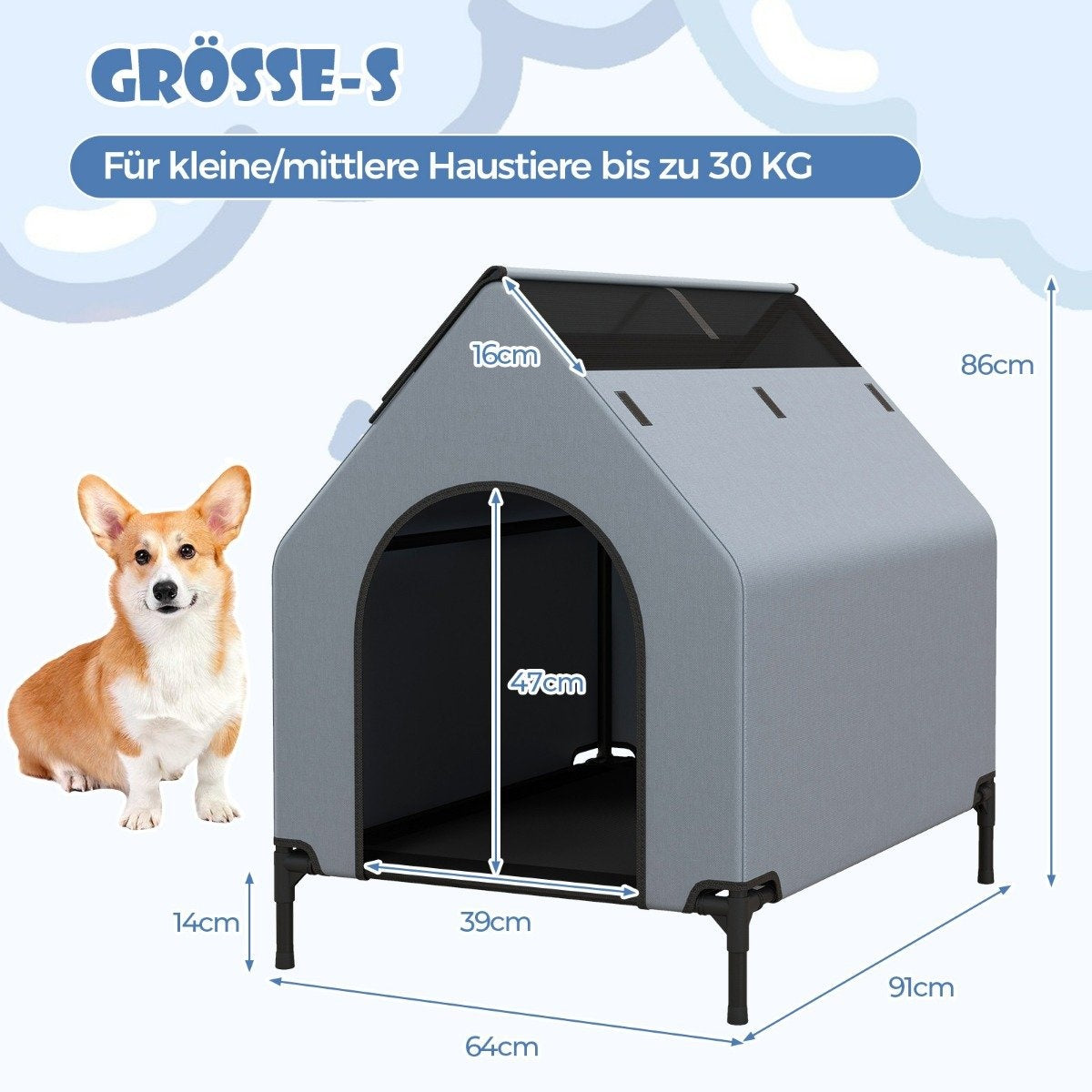 2 in 1 dog house & Raised Dog Bed Dog Lounger Outdoor Pet House with Breathable Mesh Gray 64 x 91 x 86 cm