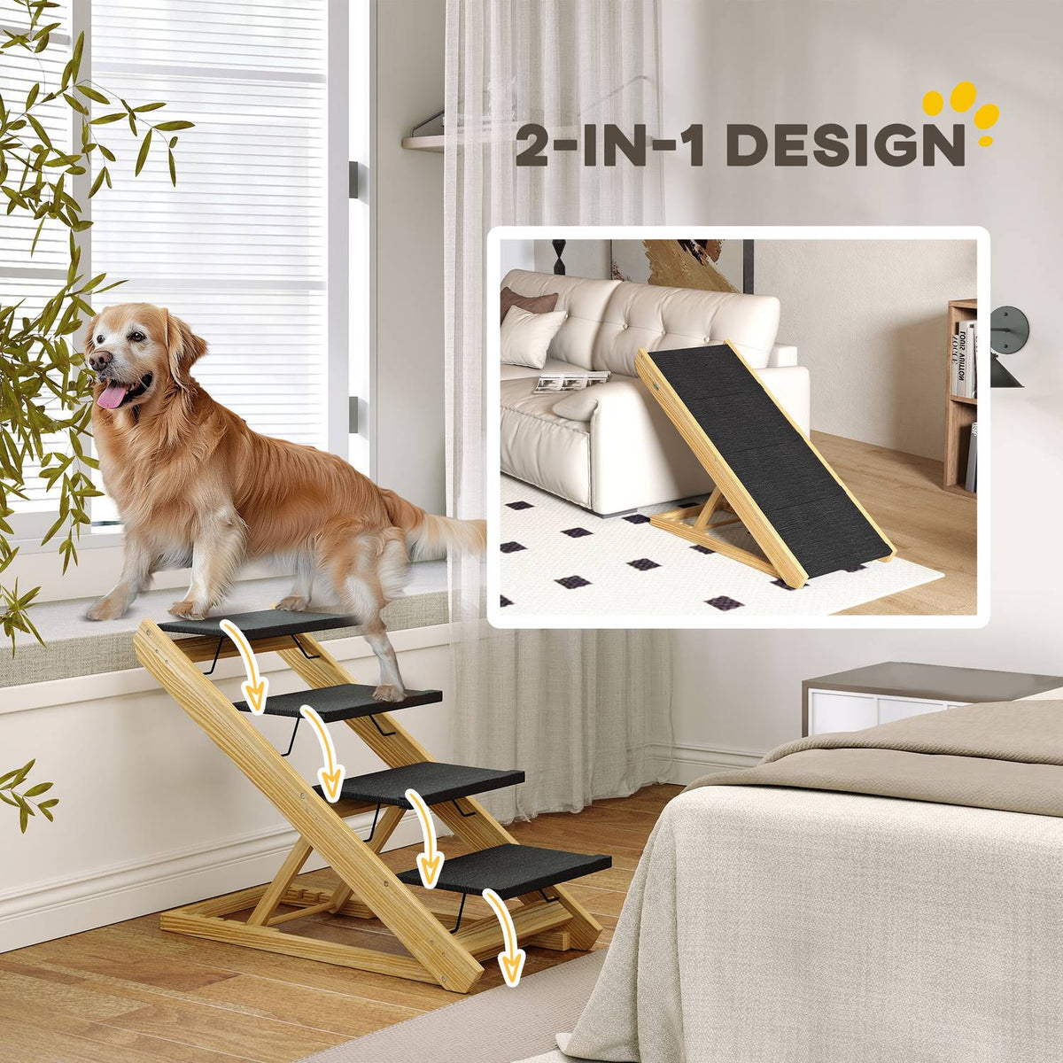 2 in 1 dog stairs 4 steps 62.5 cm, height adjustable pet stairs, foldable dog ramp with non-slip surface for bed, sofa