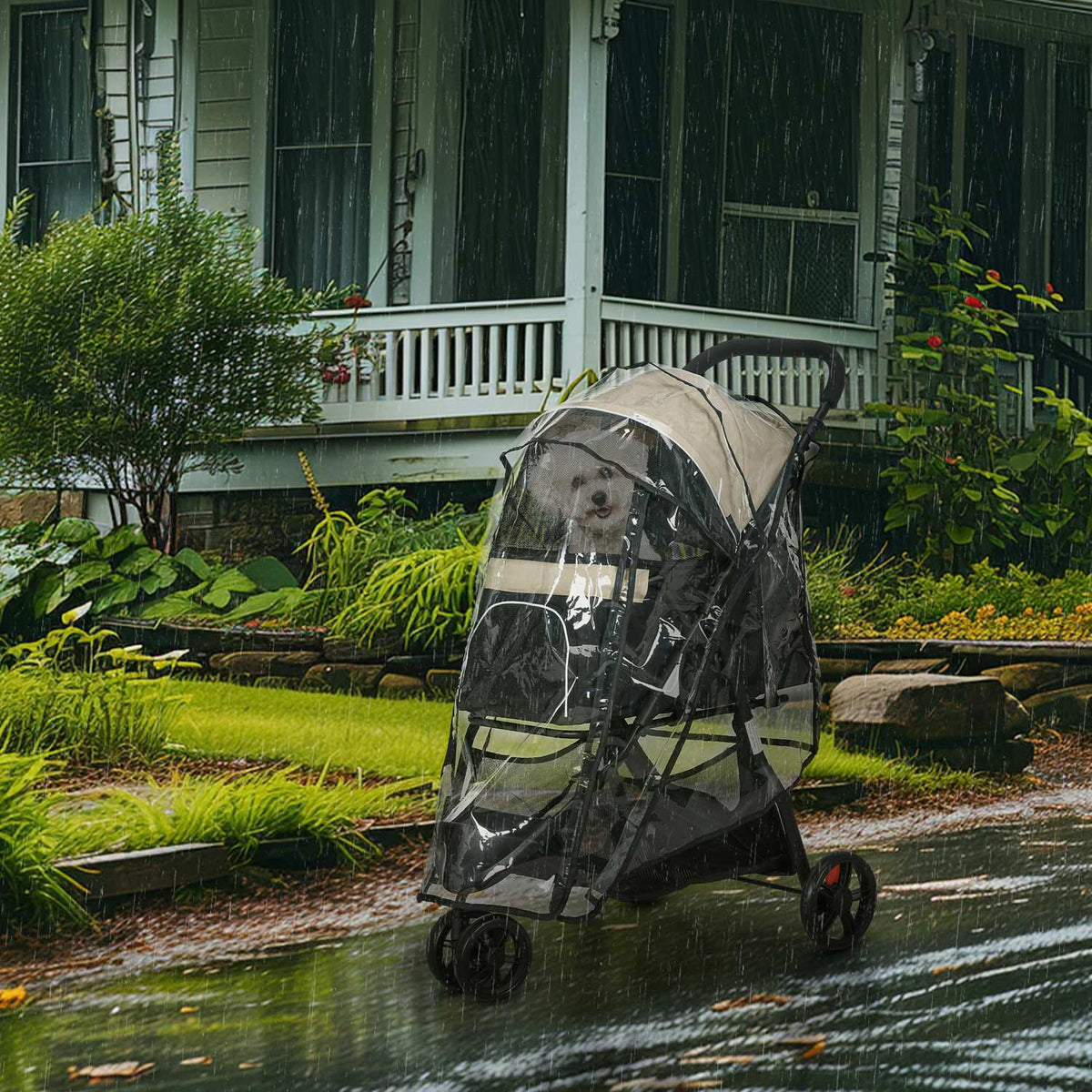 2 in 1 dog stroller dog buggy with rain cover foldable for dogs & cats up to 10 kg cat buggy with cushion mesh windows doors storage basket cat stroller buggy khaki