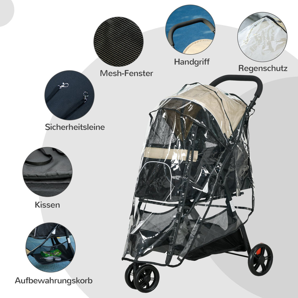 2 in 1 dog stroller dog buggy with rain cover foldable for dogs & cats up to 10 kg cat buggy with cushion mesh windows doors storage basket cat stroller buggy khaki