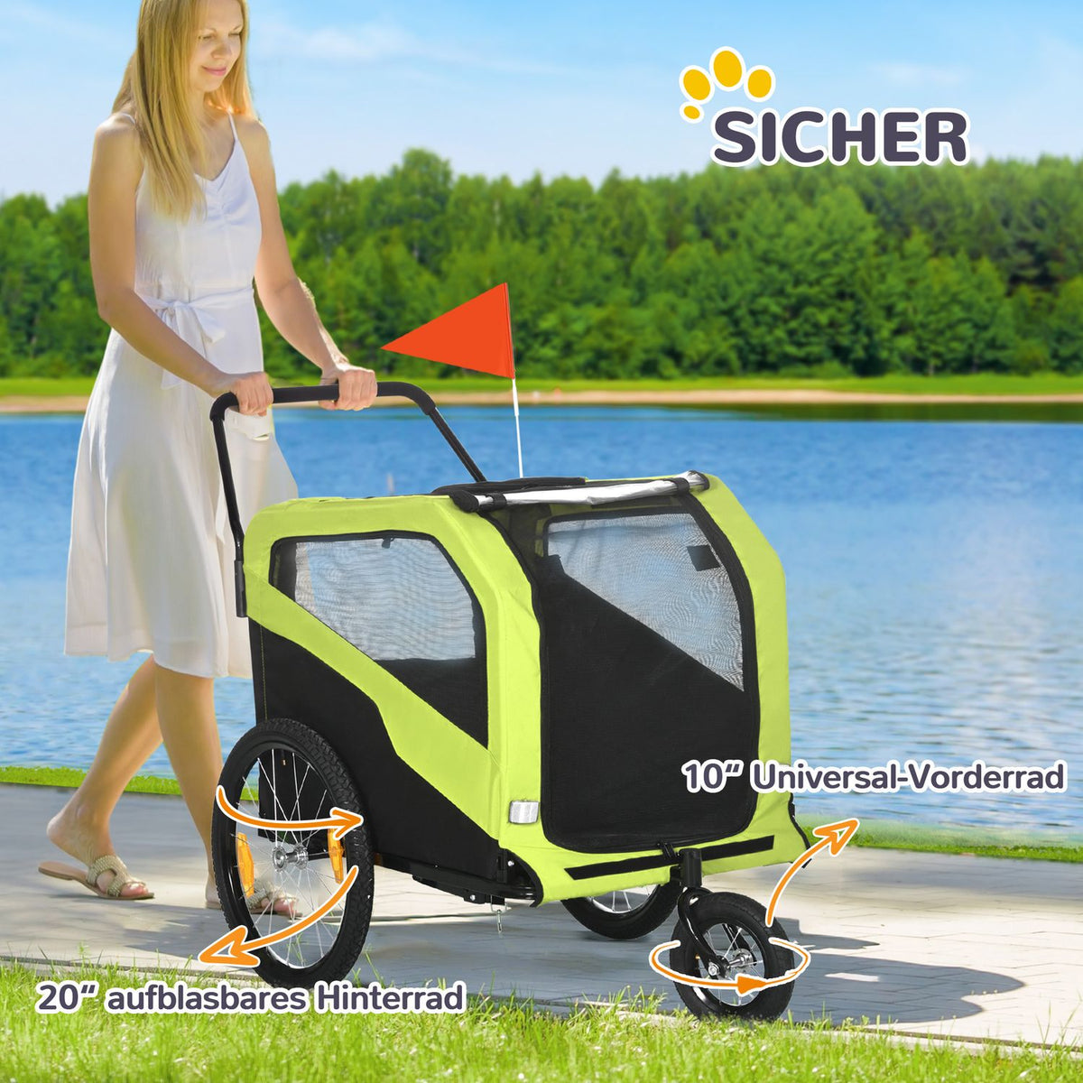 2-in-1 dog trailer, bicycle trailer for dogs, dog stroller with reflectors, dog buggy max. 30 kg, dog bicycle trailer for large dogs, Oxford fabric, green