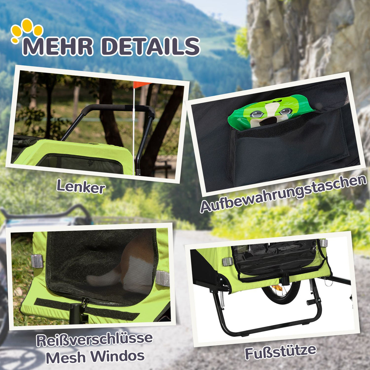 2-in-1 dog trailer, bicycle trailer for dogs, dog stroller with reflectors, dog buggy max. 30 kg, dog bicycle trailer for large dogs, Oxford fabric, green