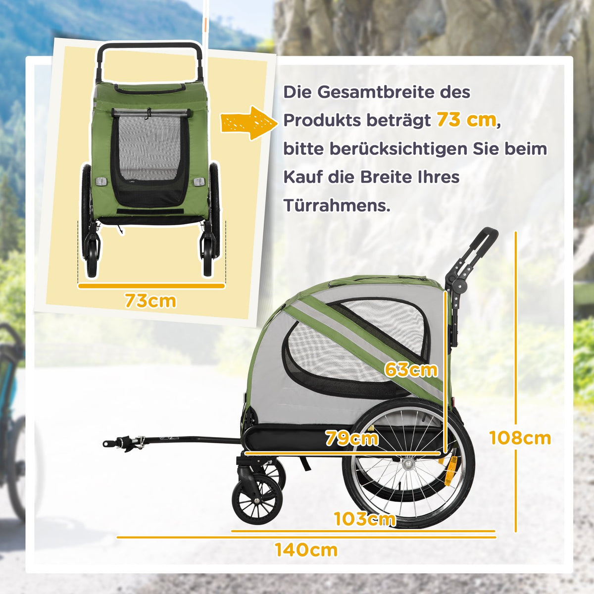 2-in-1 dog trailer & dog buggy, dog bike trailer, dog stroller with reflectors for medium-sized dogs up to 20 kg, Oxford fabric, green