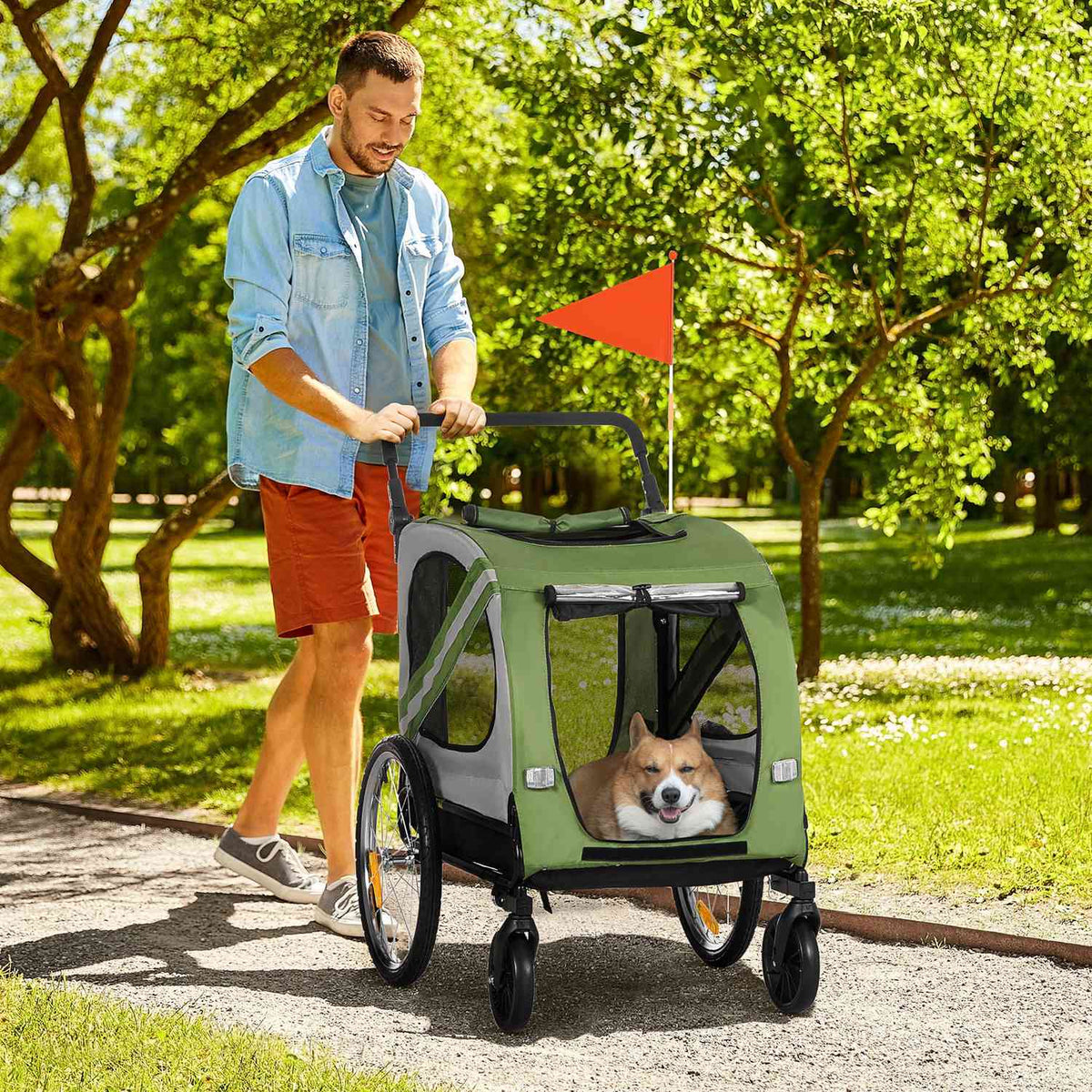 2-in-1 dog trailer & dog buggy, dog bike trailer, dog stroller with reflectors for medium-sized dogs up to 20 kg, Oxford fabric, green