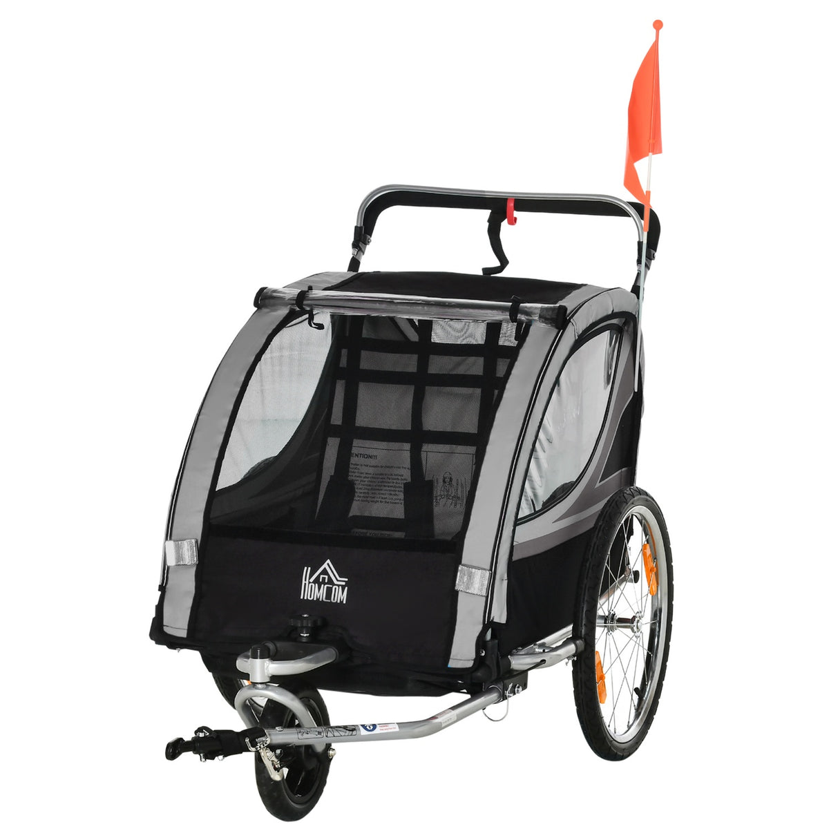 2 in 1 folding child trailer bicycle trailer with removable front wheel, rear wheel brakes, children's bicycle trailer for 2 children from 18 months, load capacity up to 26.4 kg, gray