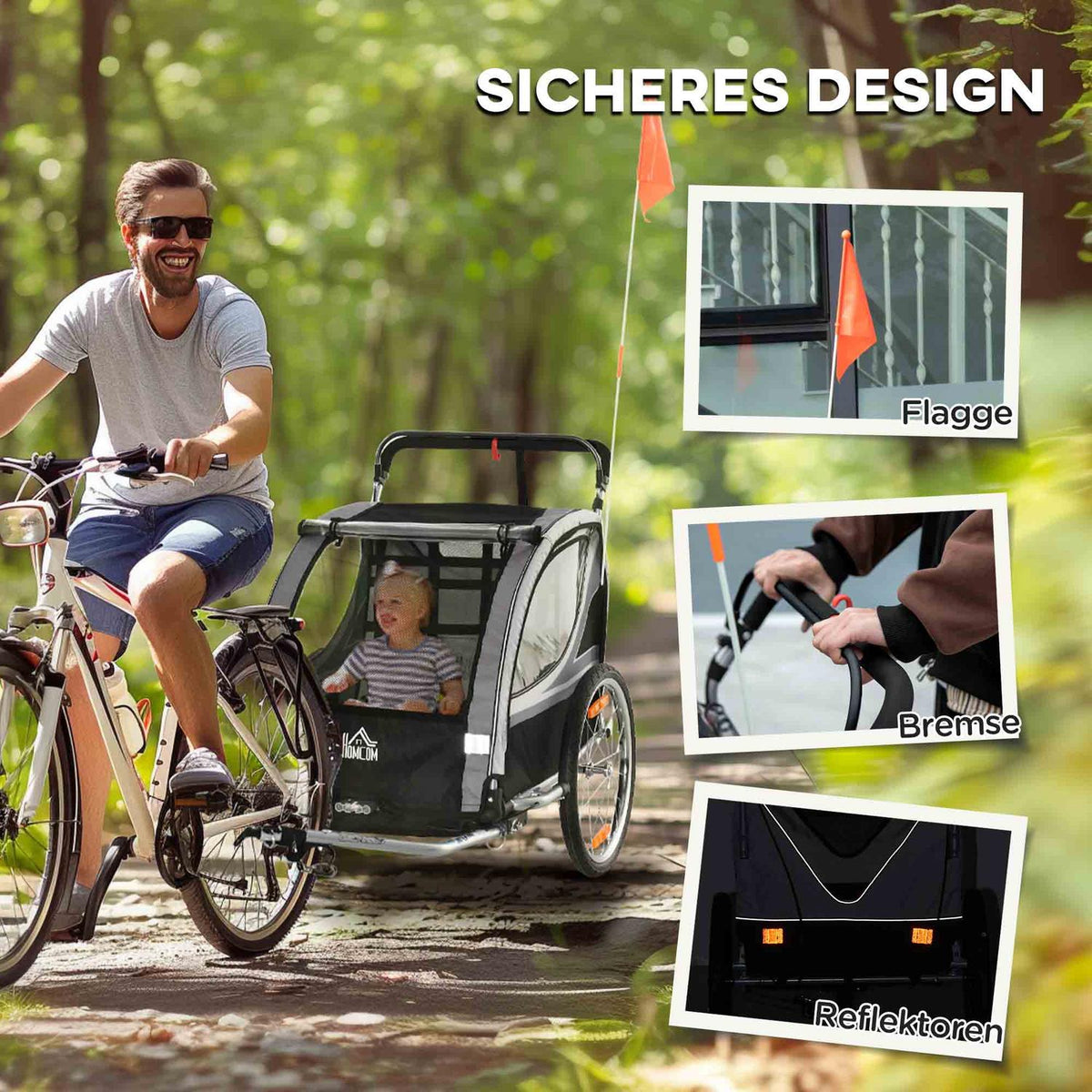 2 in 1 folding child trailer bicycle trailer with removable front wheel, rear wheel brakes, children's bicycle trailer for 2 children from 18 months, load capacity up to 26.4 kg, gray