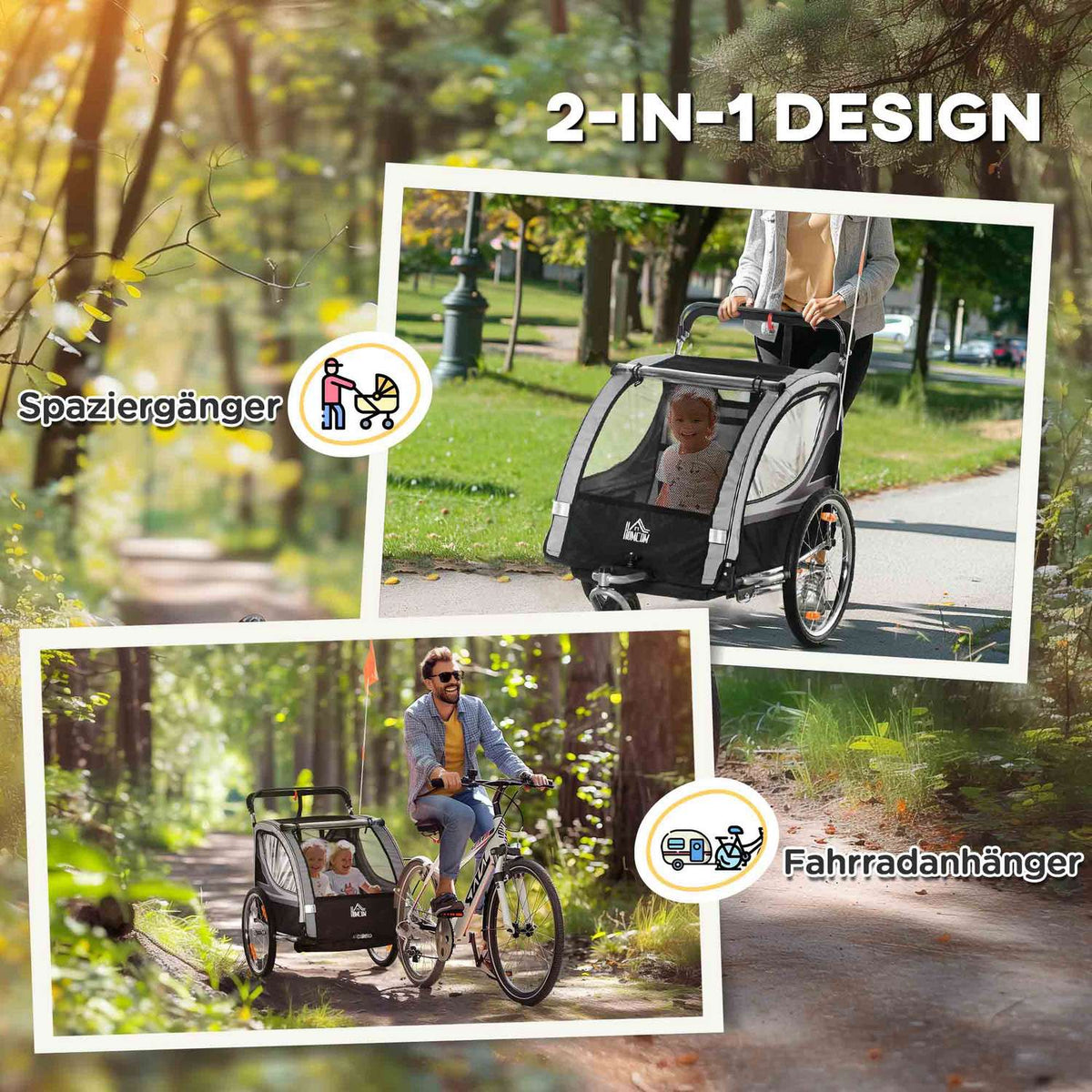 2 in 1 folding child trailer bicycle trailer with removable front wheel, rear wheel brakes, children's bicycle trailer for 2 children from 18 months, load capacity up to 26.4 kg, gray