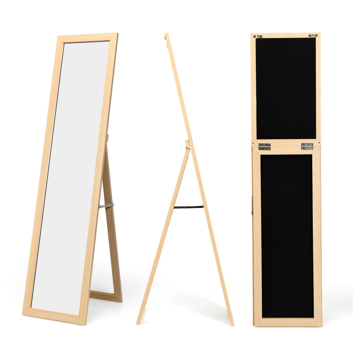 2 in 1 full-length mirror, standing mirror and wall mirror with wooden frame 37 x 155 cm natural