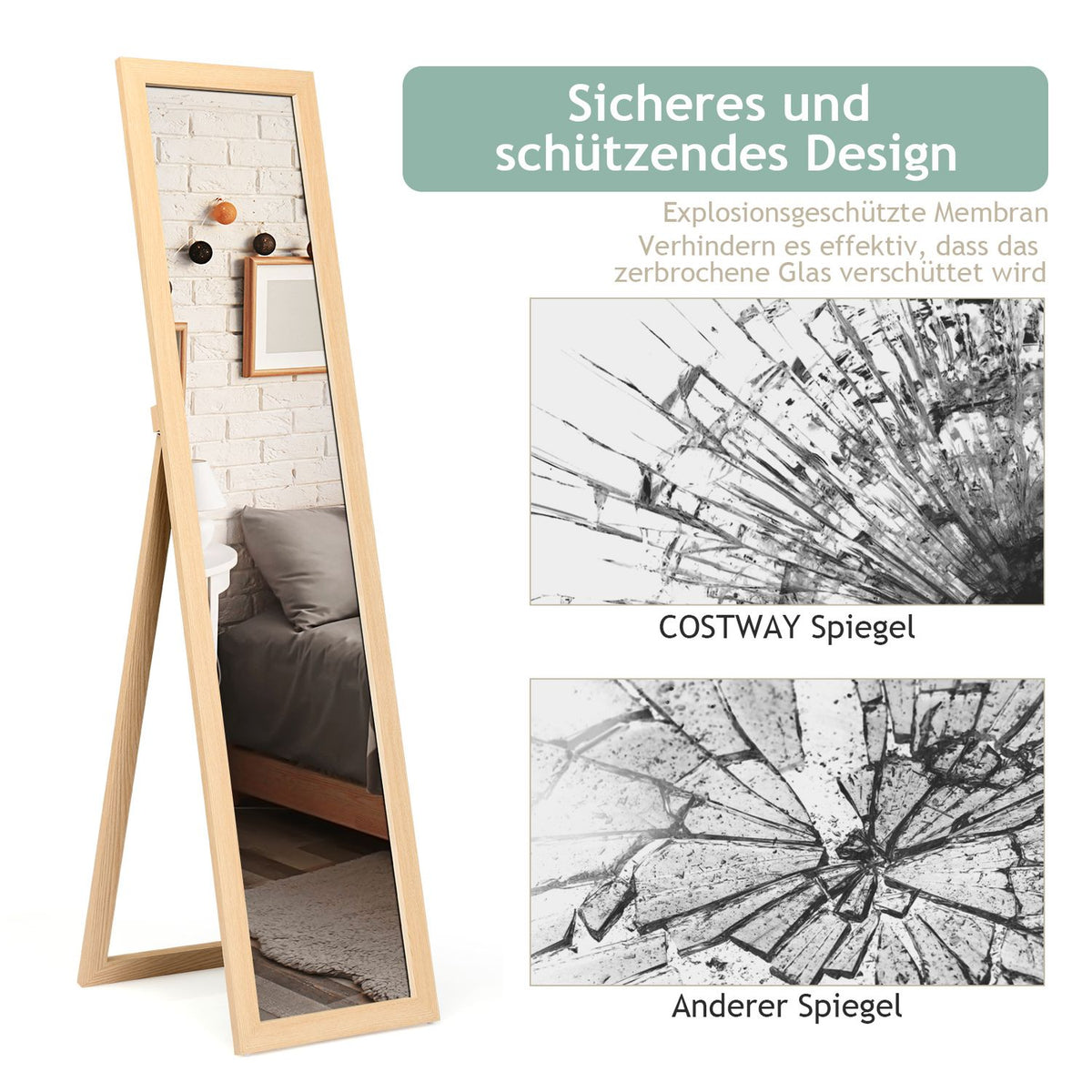 2 in 1 full-length mirror, standing mirror and wall mirror with wooden frame 37 x 155 cm natural