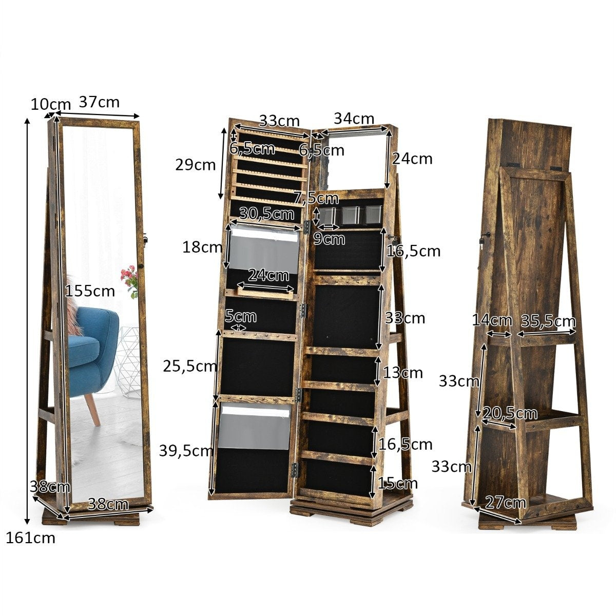 2 in 1 jewelry cabinet & ladder shelf with full-length mirror 39 x 39 x 161 cm brown