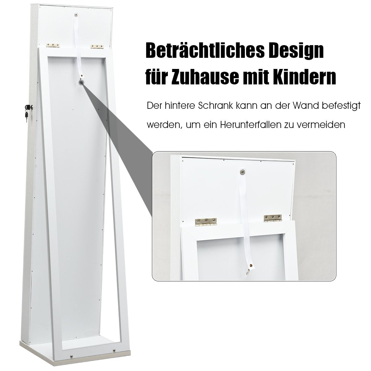 2-in-1 large and lockable jewelry cabinet with full-length mirror, free-standing jewelry stand, white