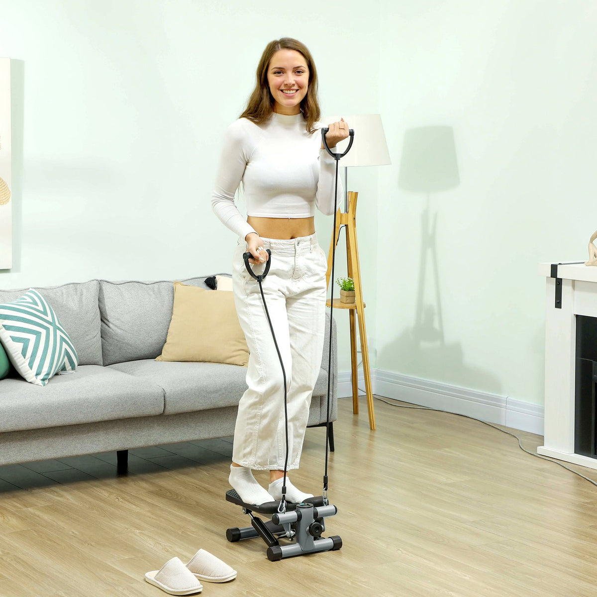 2 in 1 mini stepper for home with power ropes, up-down swing stepper with LCD display, stepper home trainer up to 100 kg for leg/arm training, home office fitness exercise, gray |