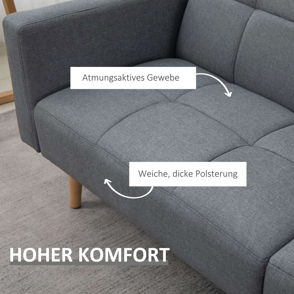 2 in 1 sofa bed 205 x 88 cm sofa with bed function, couch with seat cushion, linen look grey