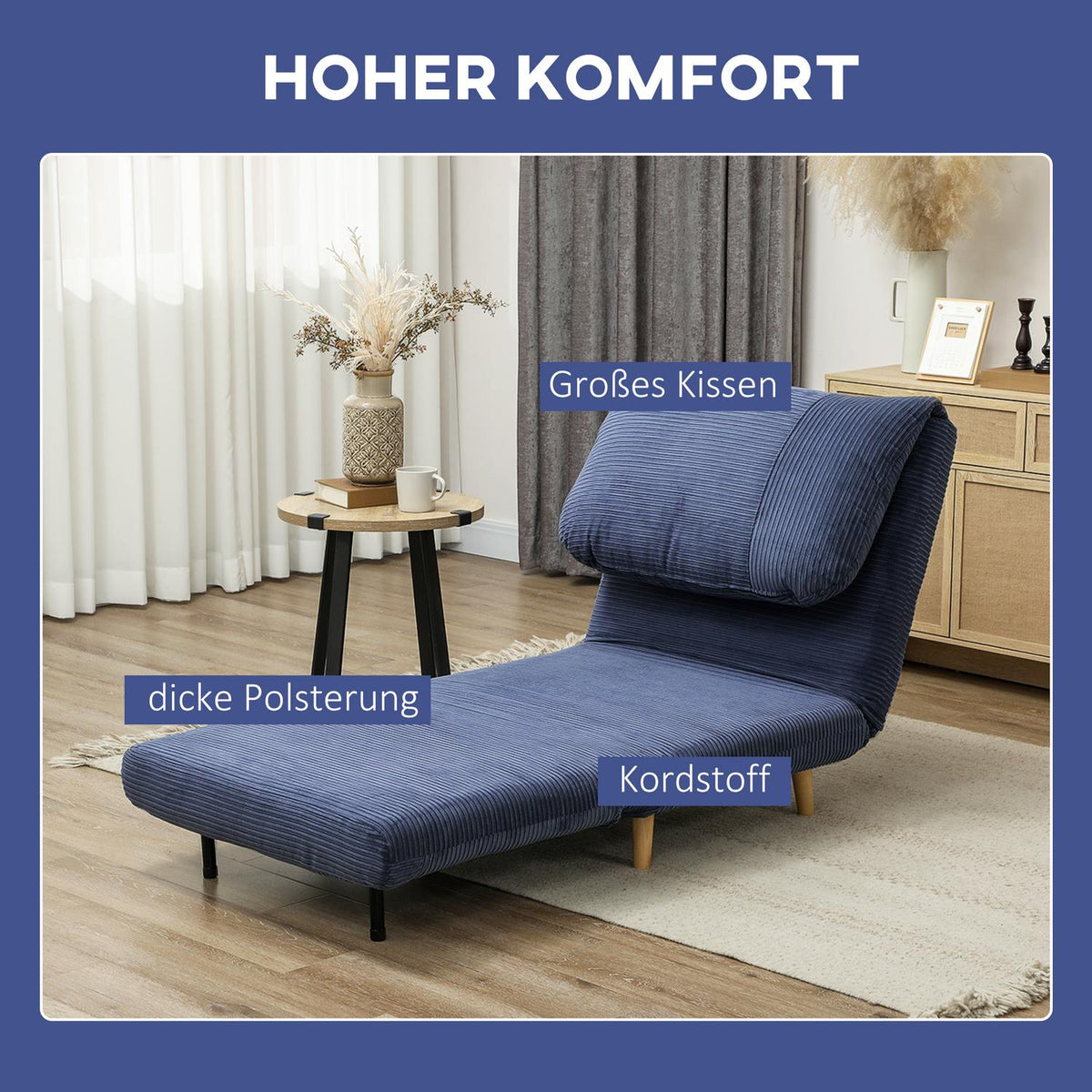 2-in-1 sofa bed, chair bed, adjustable folding mattress, guest bed in corduroy look, for bedroom, living room, blue, 82 x 89 x 83 cm
