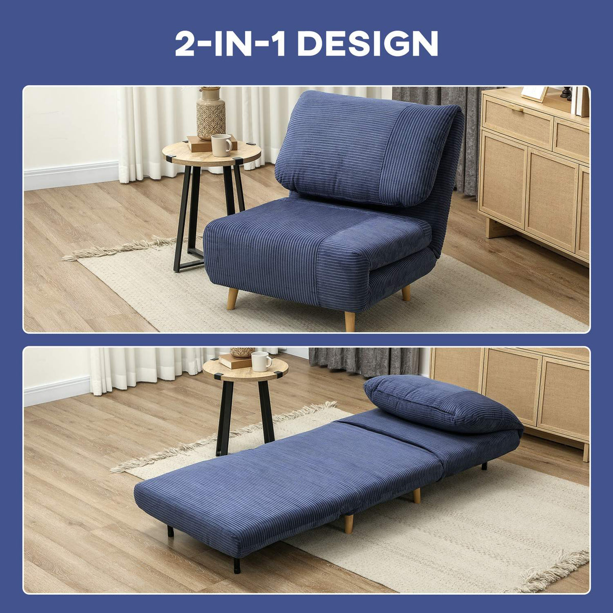 2-in-1 sofa bed, chair bed, adjustable folding mattress, guest bed in corduroy look, for bedroom, living room, blue, 82 x 89 x 83 cm